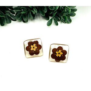 Vintage Inlay Flower Square Stud Earrings Boho design